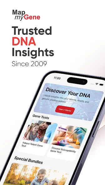 MapMyGene app interface shown on an iPhone